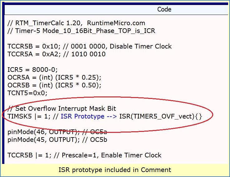 Code output with comment containing ISR prototype C++ code.